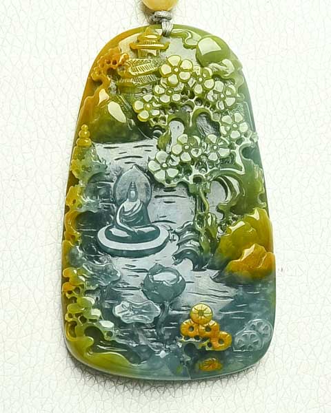 翡翠 高氷種 山水牌 精工神仏彫刻 長方形 明緑白透明石 水頭良好 手彫 贈答用 山水悟道_翡翠雕刻_唐三少_艺雕大师网